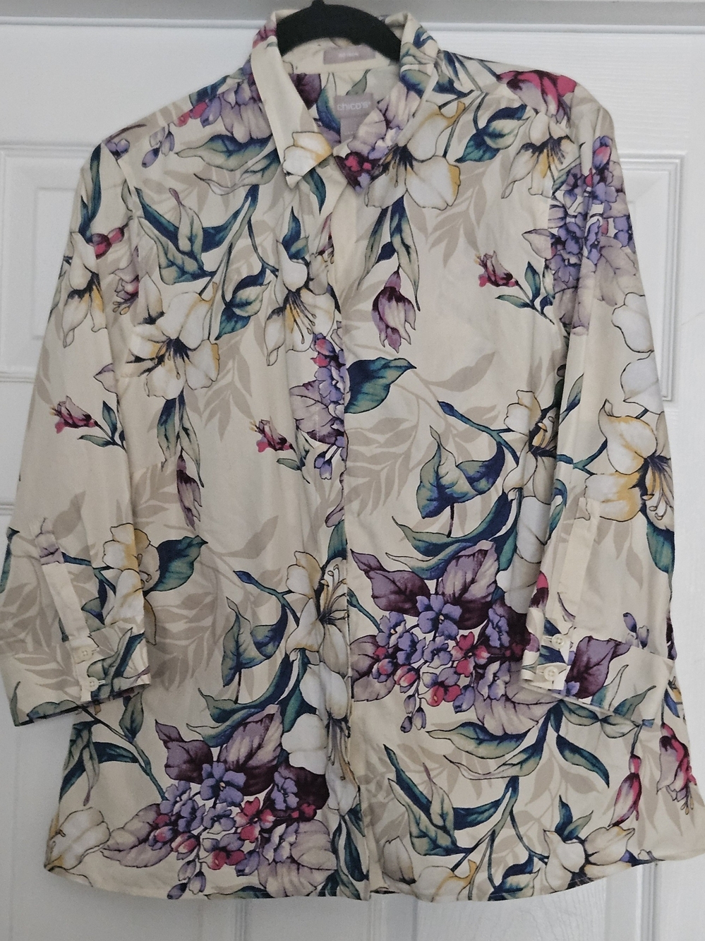 Chico's Cream Floral Button-Front Womens Top